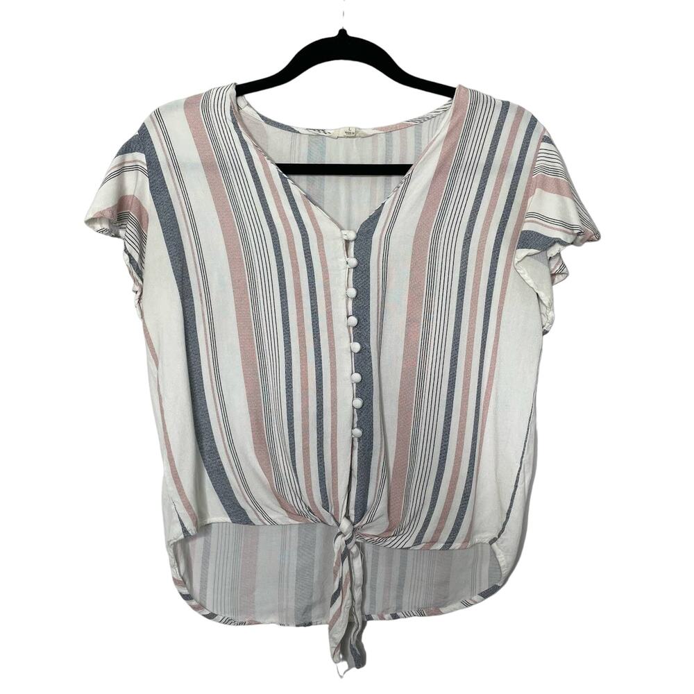 Sim & Sam Blouse Flutter Sleeve Tie Front‎ Nautical Striped Cottagecore Boho L